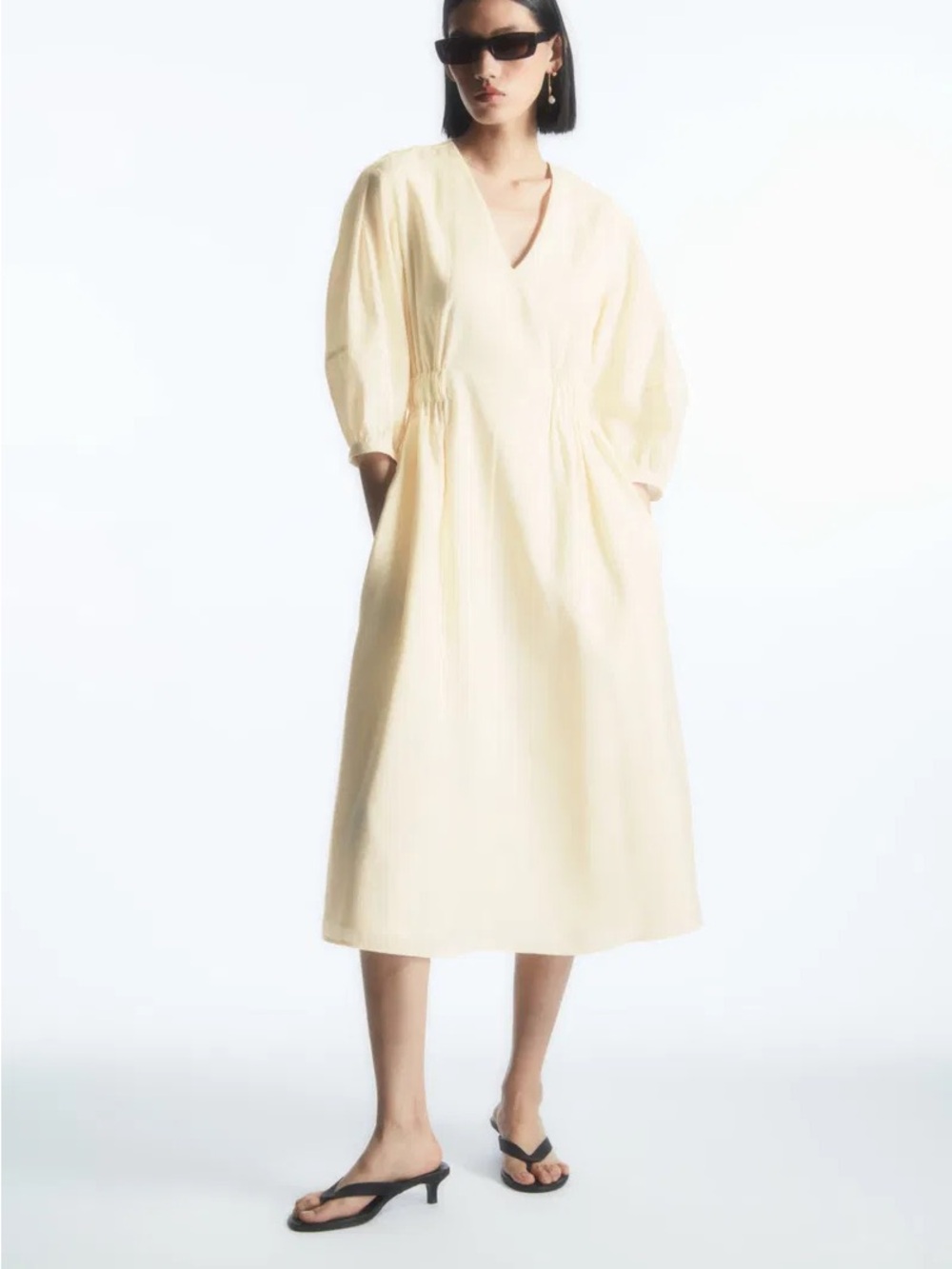 COS Cream V-Neck Midi Dress with Puffed Sleeves